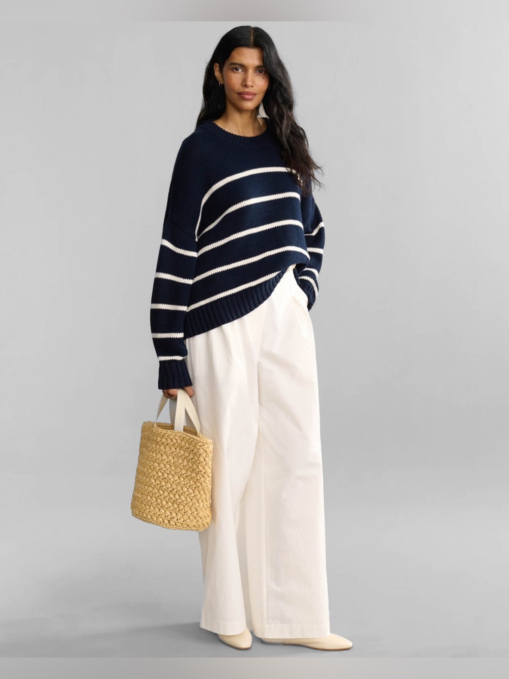 Jenni Kayne Navy Striped chloe crewneck cotton sweater preppy nautical costal xl